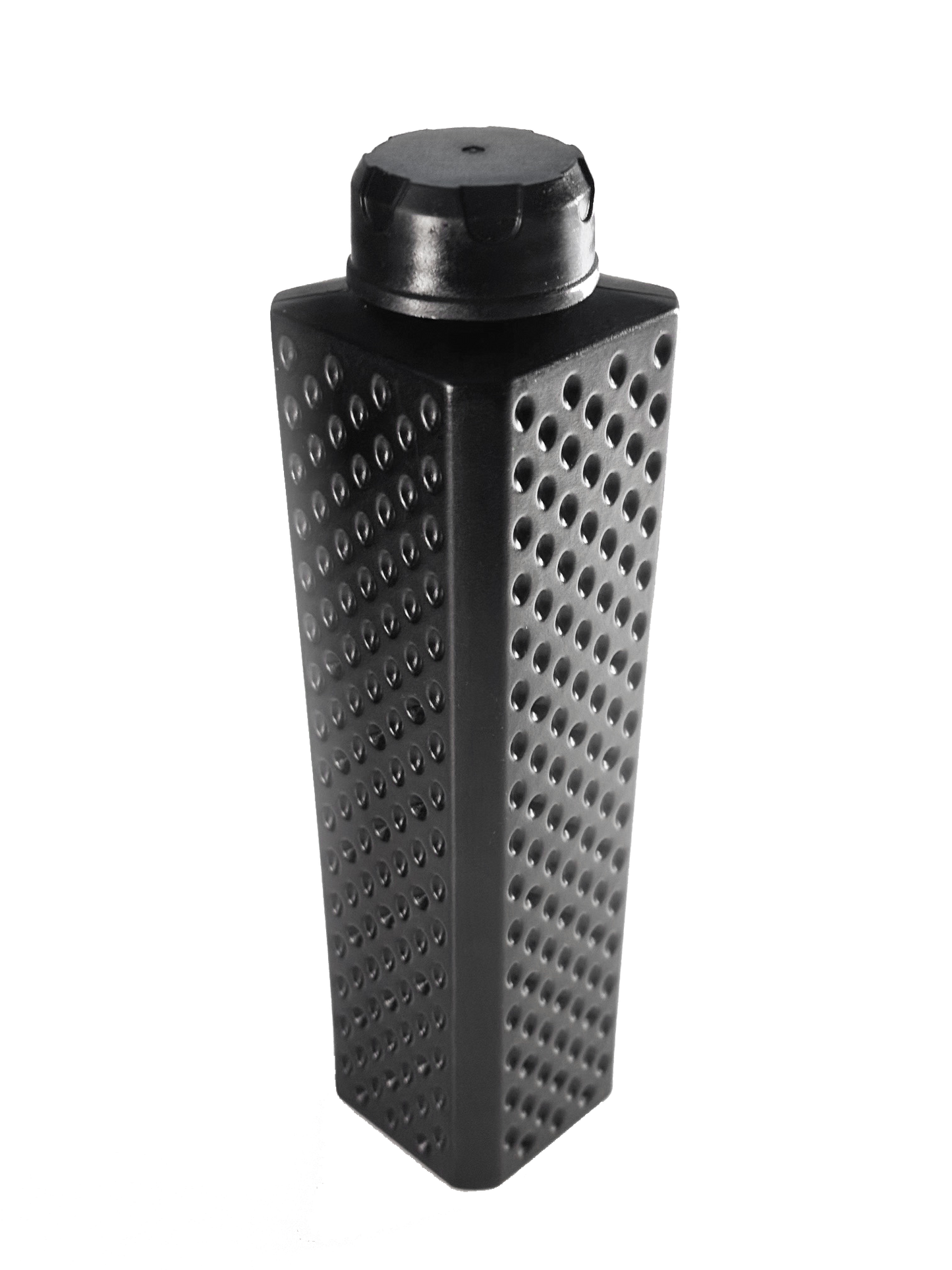 A view of the Juke Jug Water bottle - triangular in shape with dimples on the outside. 13.4 Oz