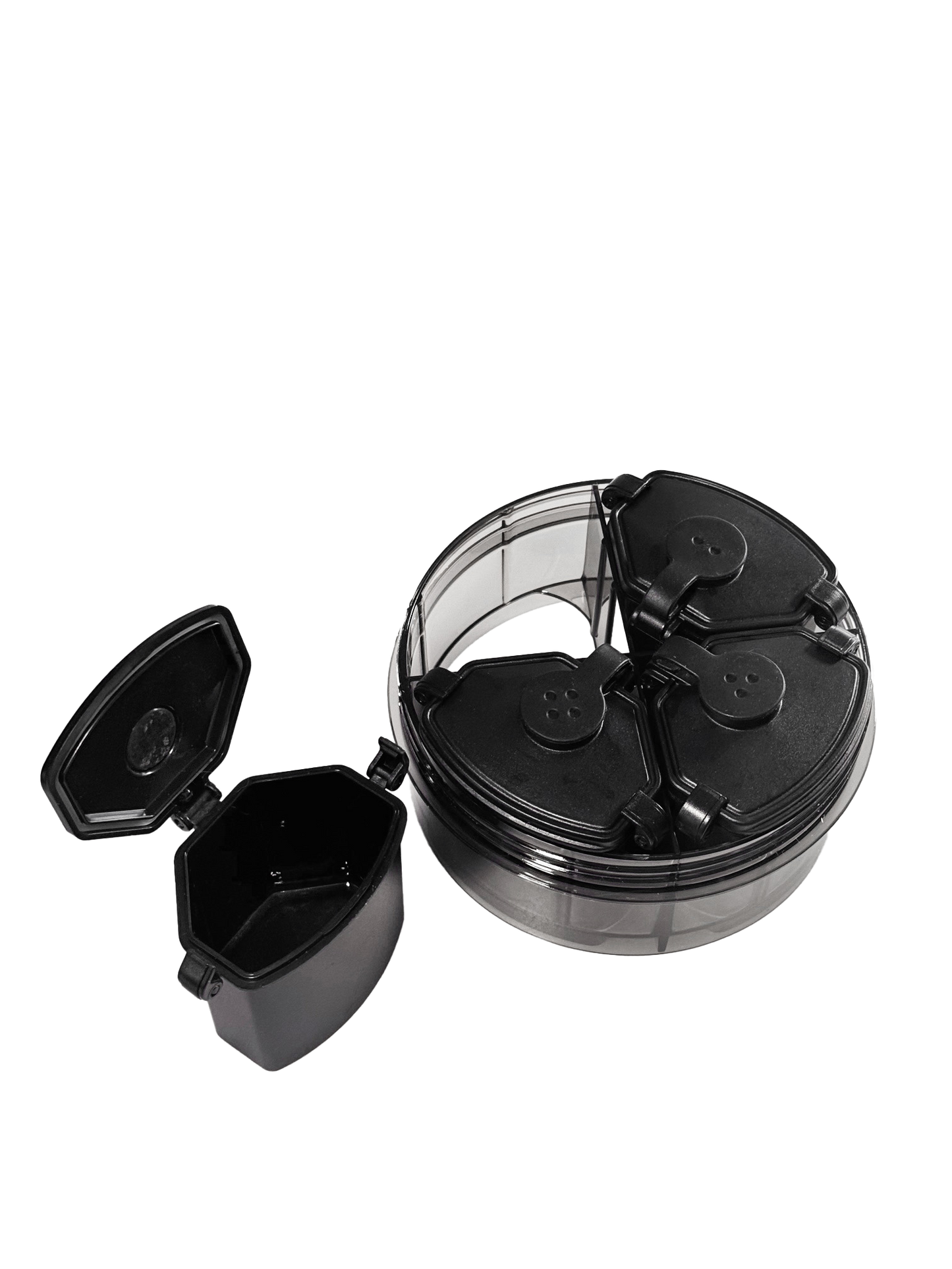 A View of the Pod Containment unit for Juke Jug. Four pods sitting in a plastic tray, with a rubber gasket cap on top